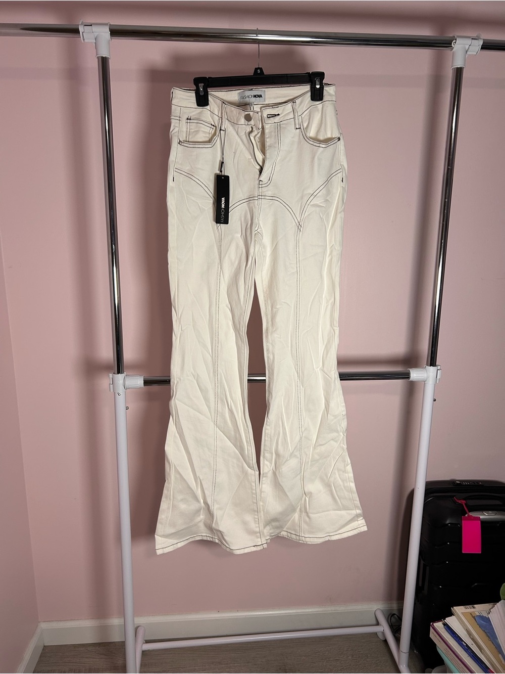 Fashion Nova Cream High-Rise Flare Jeans